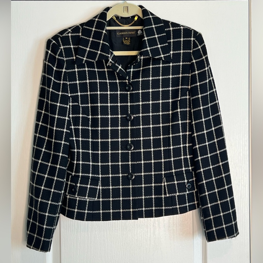 Classiques Entier Black and White Window Pane Plaid Wool Blazer